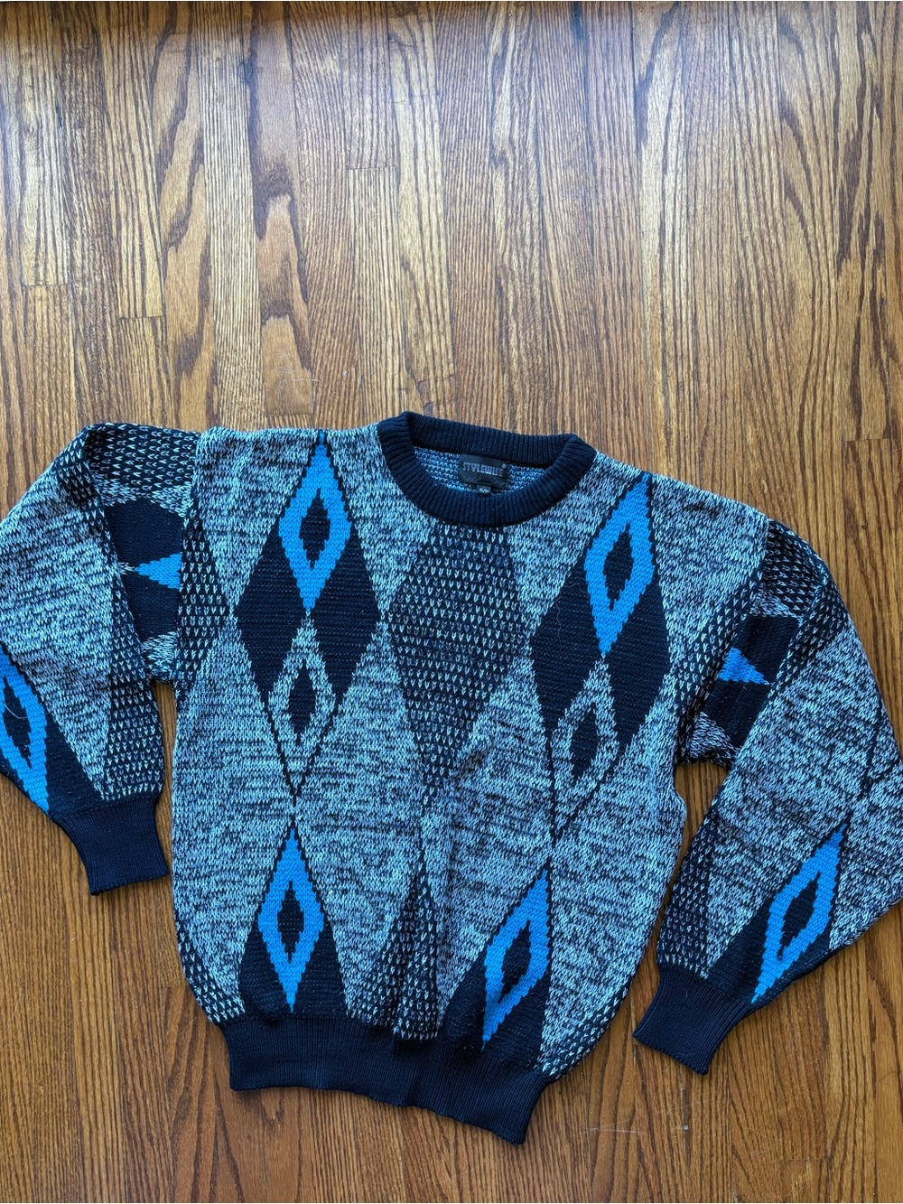 Men's Blue and Black Diamond Pattern Grandpa Sweater